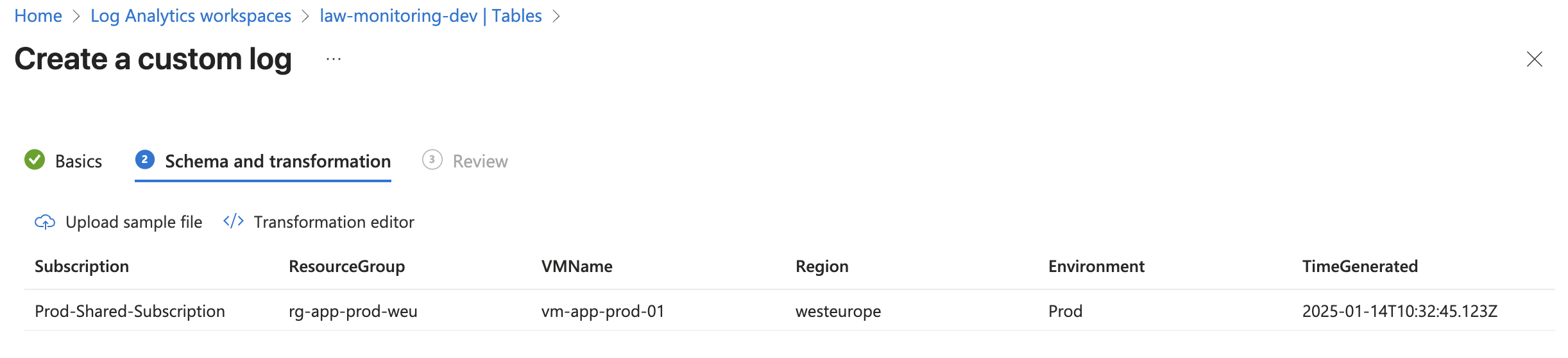 Table schema input file result