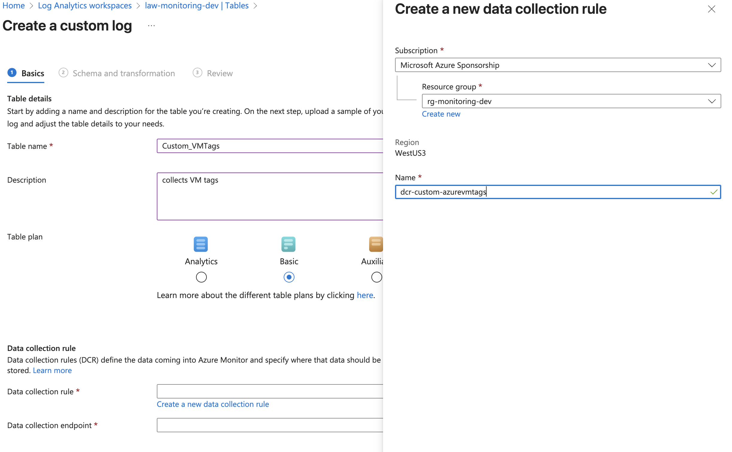 Create Custom log table and new Data Collection Rule